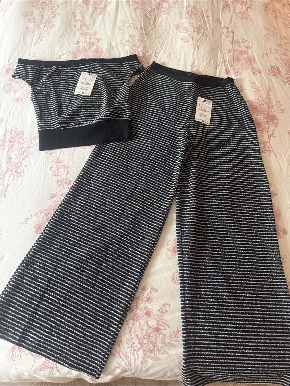 Zara Women’s Black & White Striped Lounge Set - Top & Wide-Leg Pants